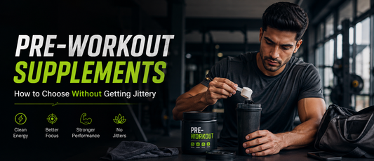 Man choosing a pre-workout supplement while avoiding jitters before a gym workout