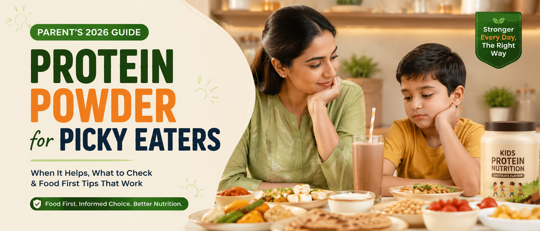 Indian mother considering protein powder for a picky eater beside healthy protein-rich foods