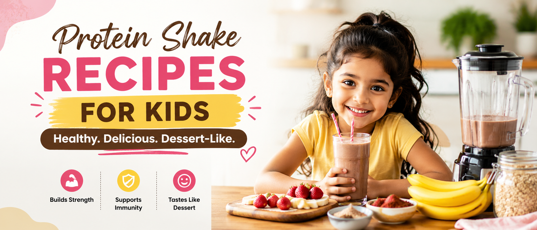 Protein shake recipes for kids made with chocolate, banana and fresh fruit in an Indian kitchen