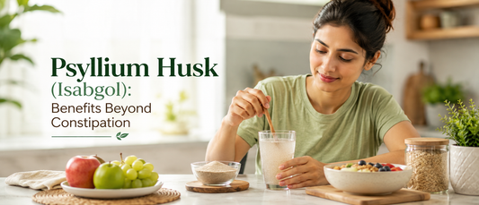 Indian woman adding Psyllium Husk (Isabgol) to water for daily fiber and digestive wellness beyond constipation