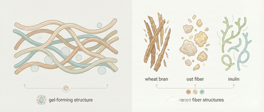 Illustration comparing the structural differences between psyllium and other dietary fibers such as wheat bran, oat fiber, and inulin.