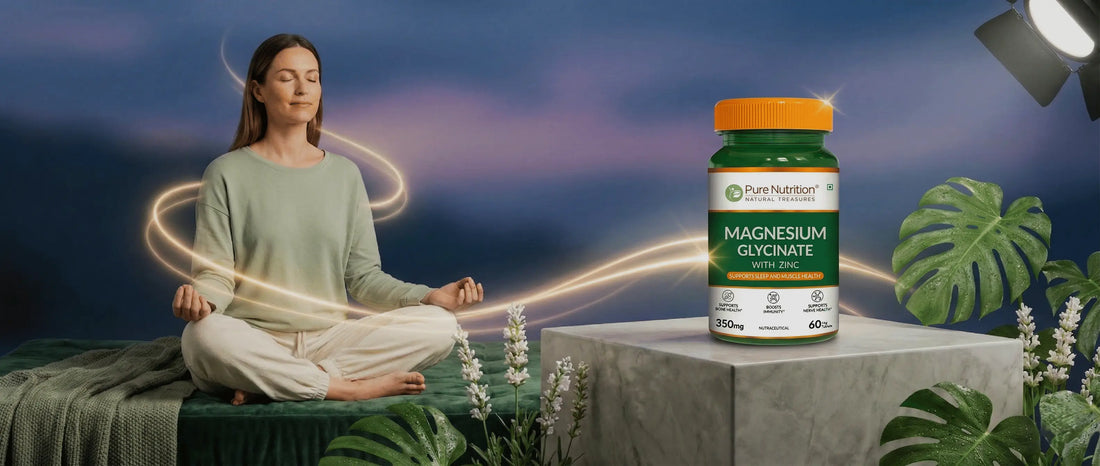 Pure Nutrition Magnesium Glycinate with Zinc supplement bottle displayed beside a woman meditating in a calm setting, highlighting benefits for relaxation, sleep support, and muscle health.