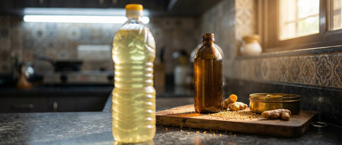 A cheap plastic bottle of clear refined cooking oil next to a premium dark glass bottle of natural cold-pressed mustard oil in a traditional Indian kitchen setting.