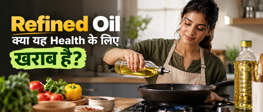 Refined oil and health effects explained with a woman cooking using oil in a modern kitchen.