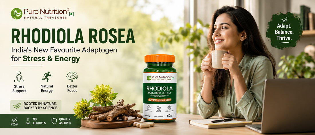 Young Indian professional using Rhodiola Rosea as part of a daily wellness routine for stress support and natural energy