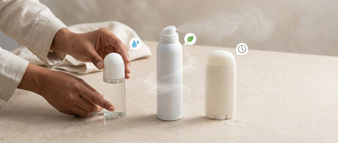 Comparison of roll-on, deodorant spray, and antiperspirant stick showing everyday underarm care options for Indian adults