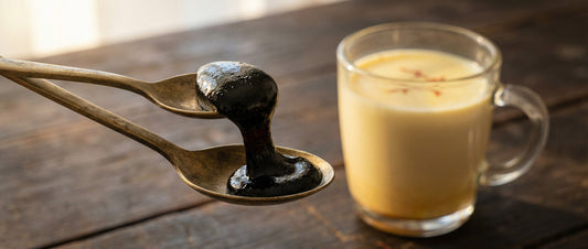 A close-up of a vintage spoon holding a pea-sized safe daily dosage of pure Shilajit resin next to a glass of warm milk.