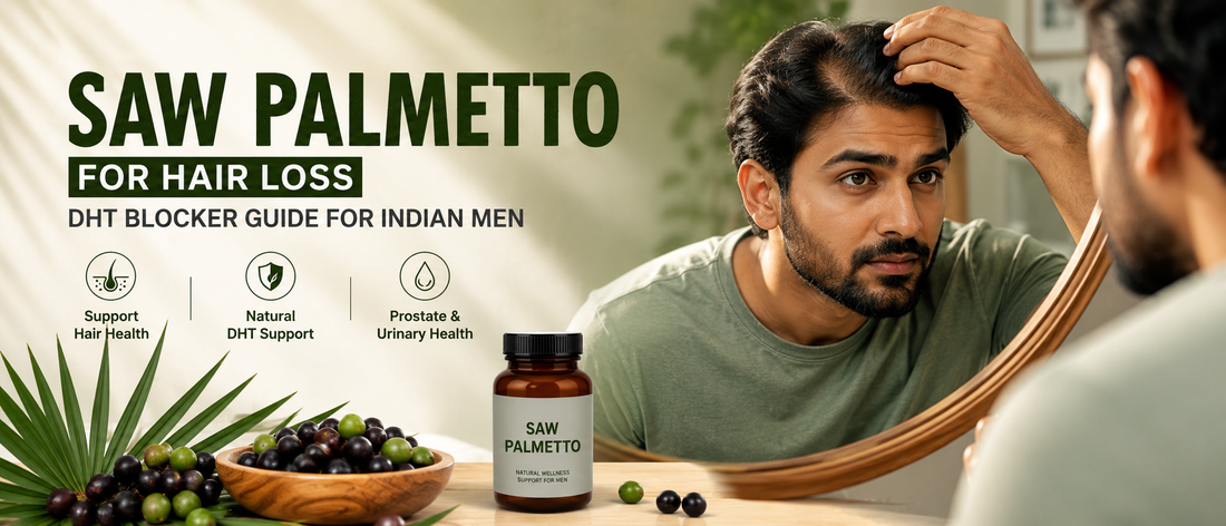 Indian man checking early hair thinning while learning how saw palmetto may support DHT-related hair loss