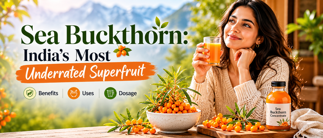 Fresh sea buckthorn berries and concentrate with an Indian wellness lifestyle setting