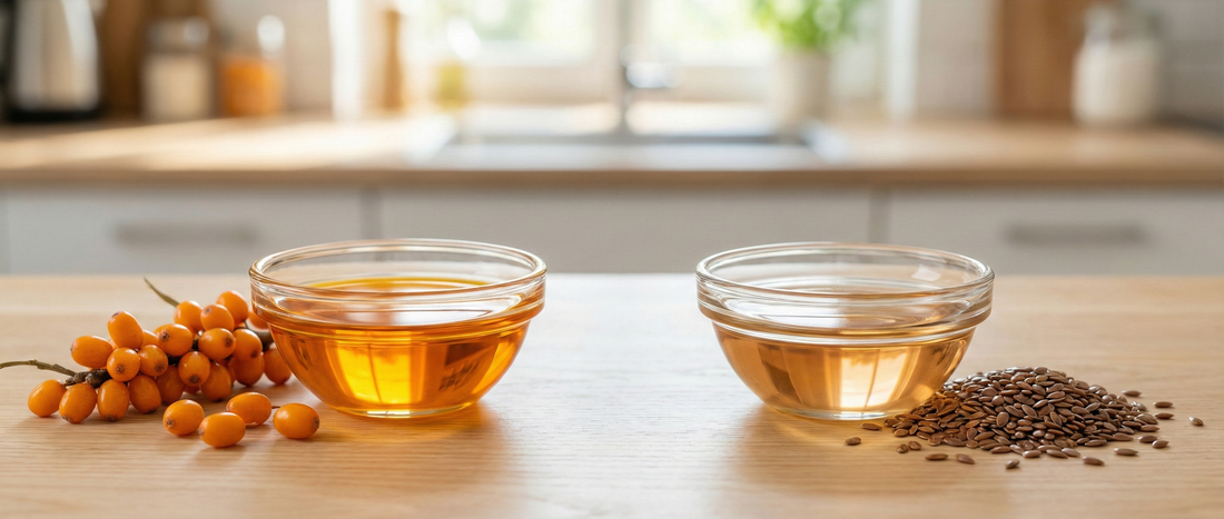 Side-by-side view of sea buckthorn berries and flaxseeds with their oils, illustrating differences in fatty acid profiles between sea buckthorn oil and flaxseed oil.