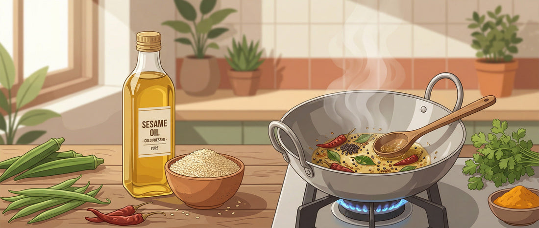 Glass bottle of sesame oil beside an Indian kadai on a gas stove, showing moderate heat cooking with spices and vegetables in a home kitchen