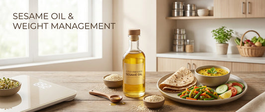 Glass bottle of cold-pressed sesame oil with sesame seeds and a balanced Indian meal, showing how sesame oil fits into weight loss or weight gain diets