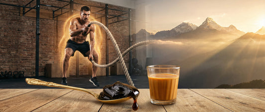 Pure Shilajit resin on a spoon and a glass of milk with a man working out in the background, illustrating Shilajit benefits for energy and stamina.