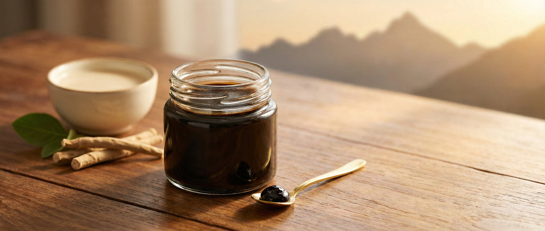 Purified Shilajit resin in a glass jar with a pea-sized dose on a spoon, representing Shilajit side effects and safe usage precautions.