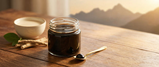 Purified Shilajit resin in a glass jar with a pea-sized dose on a spoon, representing Shilajit side effects and safe usage precautions.