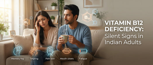 Indian adults experiencing common signs of vitamin B12 deficiency such as fatigue, brain fog, and tingling hands in a calm home setting