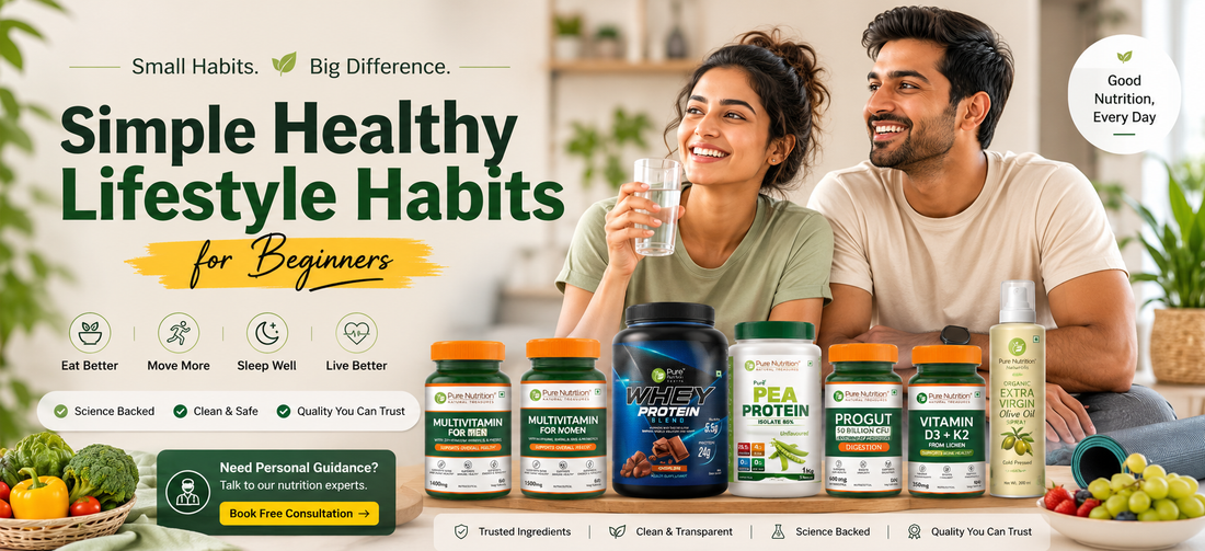 Simple healthy lifestyle habits for beginners shown through healthy Indian food, hydration and daily movement