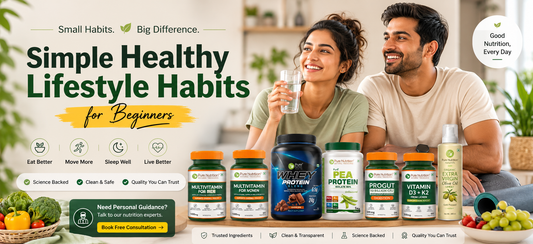 Simple healthy lifestyle habits for beginners shown through healthy Indian food, hydration and daily movement