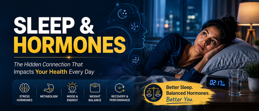 Sleep and hormones relationship showing an Indian adult struggling with poor sleep in a modern bedroom.