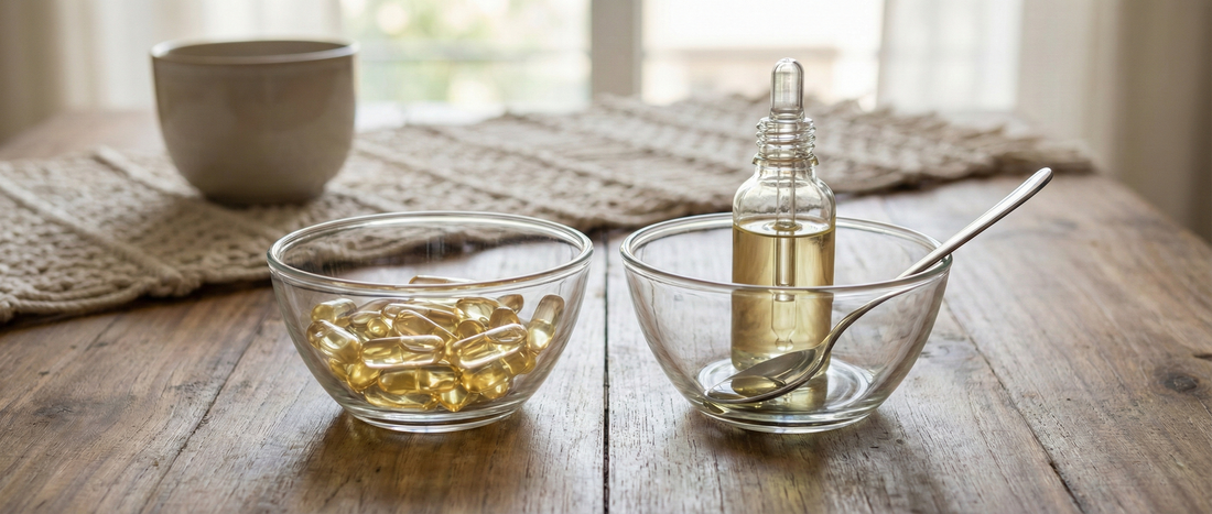 Side-by-side view of softgel capsules and oil supplement in a dropper bottle on a table, illustrating differences in supplement forms without implying benefits