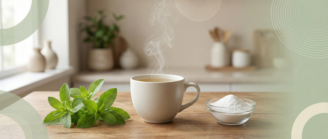 Fresh stevia leaves and stevia powder beside a cup of tea on a wooden table, illustrating stevia side effects and daily use in Indian diets.