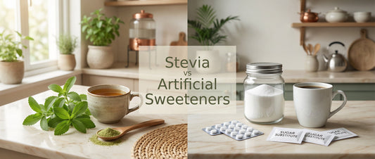 Stevia vs artificial sweeteners comparison showing natural stevia leaves and artificial sugar substitutes on a kitchen counter in an Indian home setting