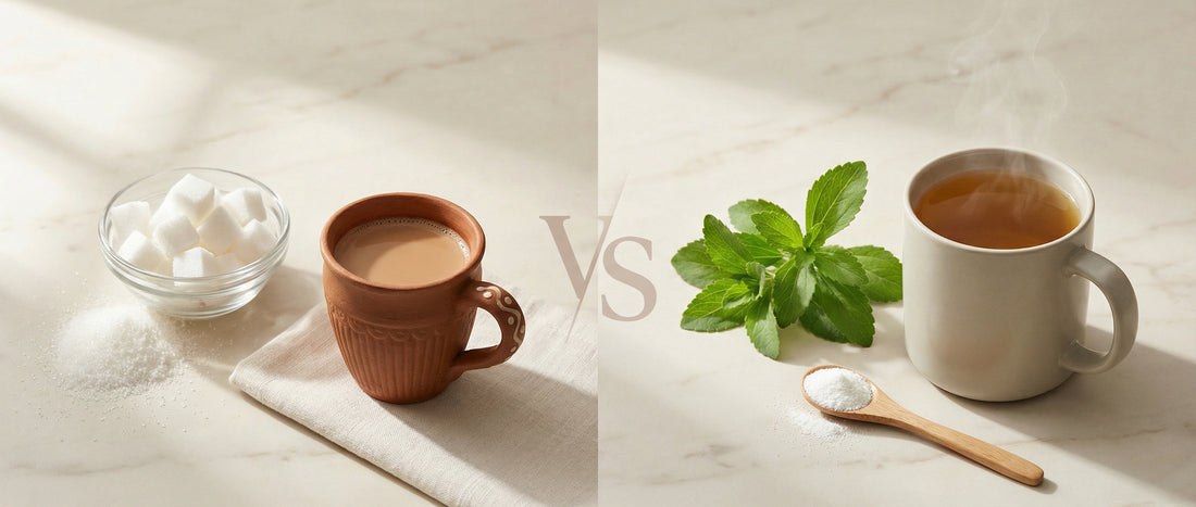 Stevia leaves and powdered stevia compared with white sugar cubes beside tea cups, showing a visual comparison for stevia vs sugar health benefits