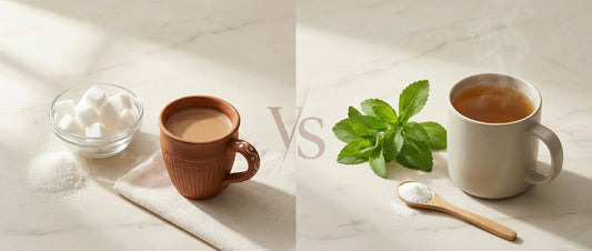 Stevia leaves and powdered stevia compared with white sugar cubes beside tea cups, showing a visual comparison for stevia vs sugar health benefits