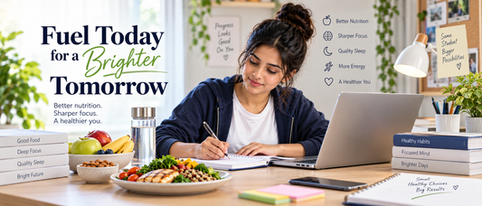 Student studying with healthy food, hydration and wellness habits for better focus