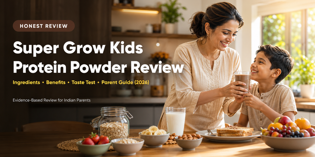 Super Grow Kids Protein Powder review with Indian mother preparing a chocolate nutrition drink for her child
