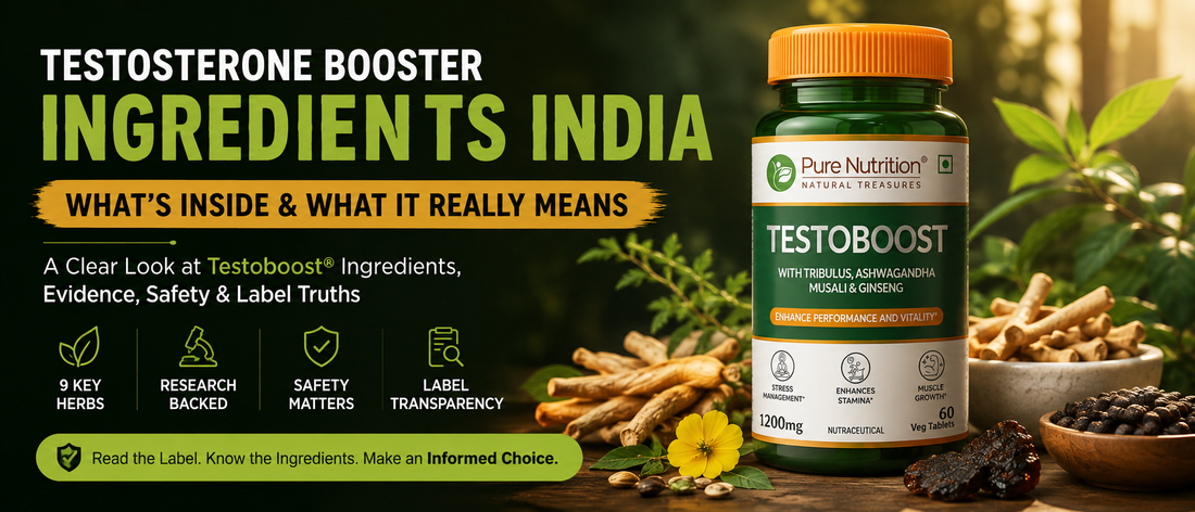 testosterone booster ingredients India Indian man examining a herbal supplement label