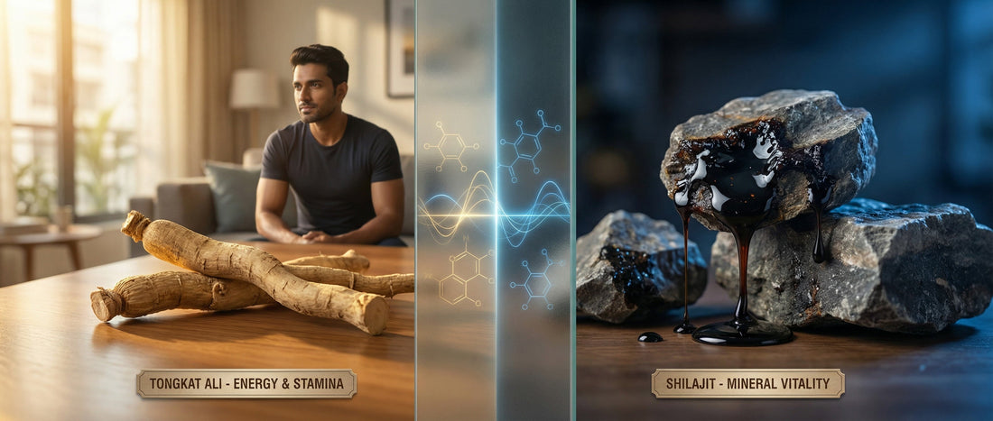 Side-by-side comparison of raw Tongkat Ali roots and natural Himalayan Shilajit resin, highlighting the best Ayurvedic and herbal supplements for male vitality.