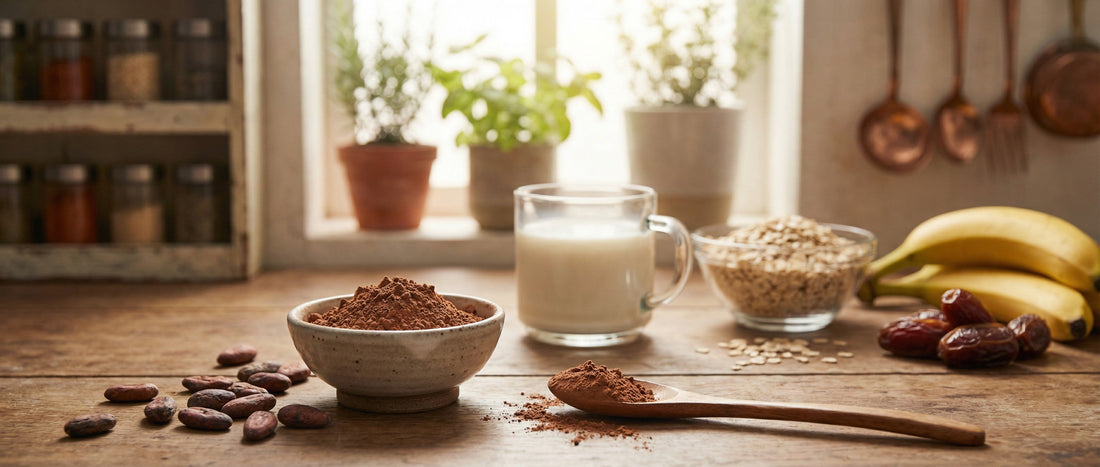 Unsweetened cocoa powder in a ceramic bowl with cacao beans, oats, bananas, and warm milk in an Indian kitchen setting