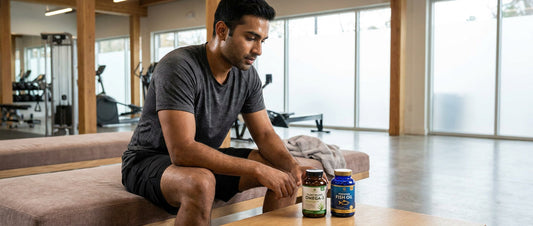 Athlete comparing veg omega-3 algae capsules and fish oil supplements for recovery and performance
