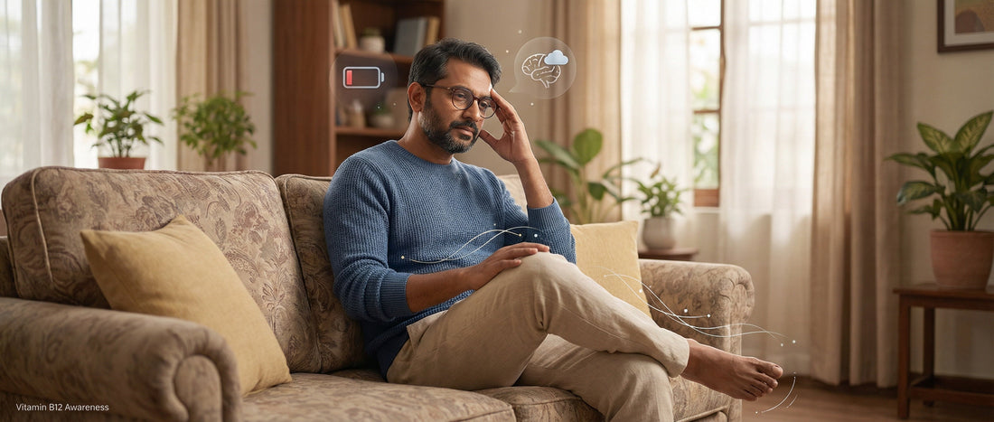 Indian adult experiencing fatigue and brain fog, commonly observed symptoms associated with vitamin B12 deficiency