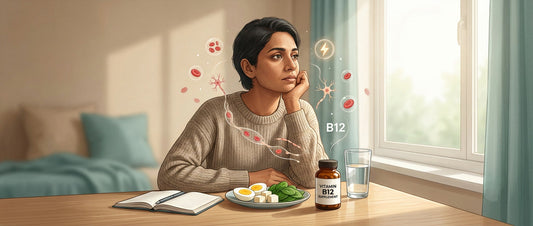 Indian adult experiencing fatigue while learning about Vitamin B12 sources and supplements for weakness and low energy