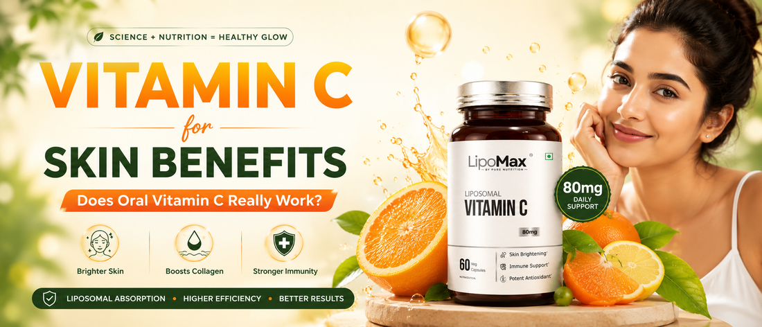 Vitamin C for skin benefits with healthy Indian woman taking a daily supplement