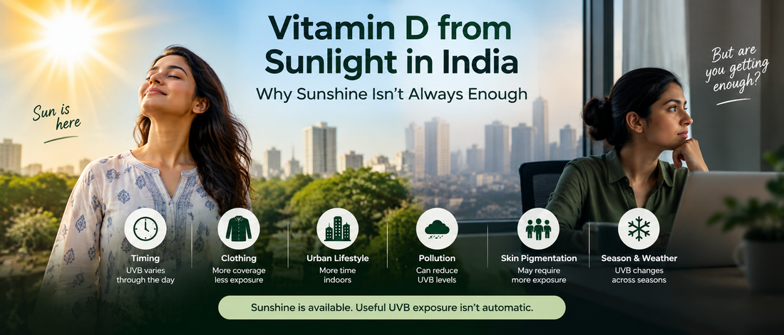 Vitamin D from sunlight in India showing how UVB exposure varies with timing, clothing, urban lifestyle, pollution, skin pigmentation, season and weather.