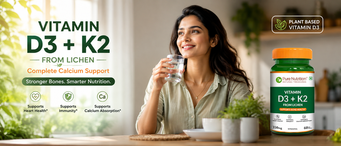 Vitamin D3 and K2 explained with calcium support illustration and healthy adult
