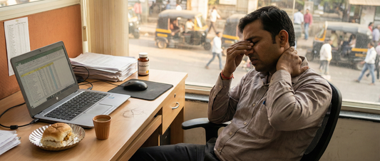 Exhausted Indian professional sitting at an office desk experiencing afternoon fatigue, illustrating common vitamin deficiency symptoms in men.