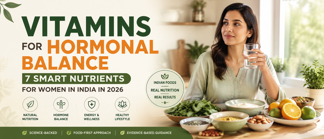 Vitamins for hormonal balance in Indian women healthy foods and supplements on a kitchen table Pure Nutrition India  
