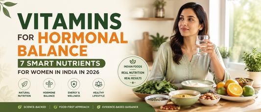 Vitamins for hormonal balance in Indian women healthy foods and supplements on a kitchen table Pure Nutrition India  