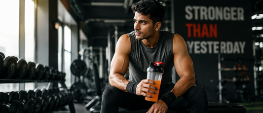 Man drinking pre-workout supplement before gym workout showing energy and focus