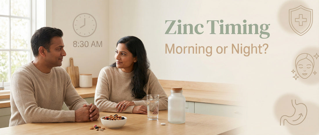 Indian adults sitting at a kitchen table with zinc supplement and healthy snacks, illustrating morning or night zinc timing for daily nutrition support