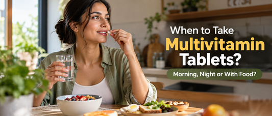 Woman taking a multivitamin tablet with water alongside a healthy breakfast