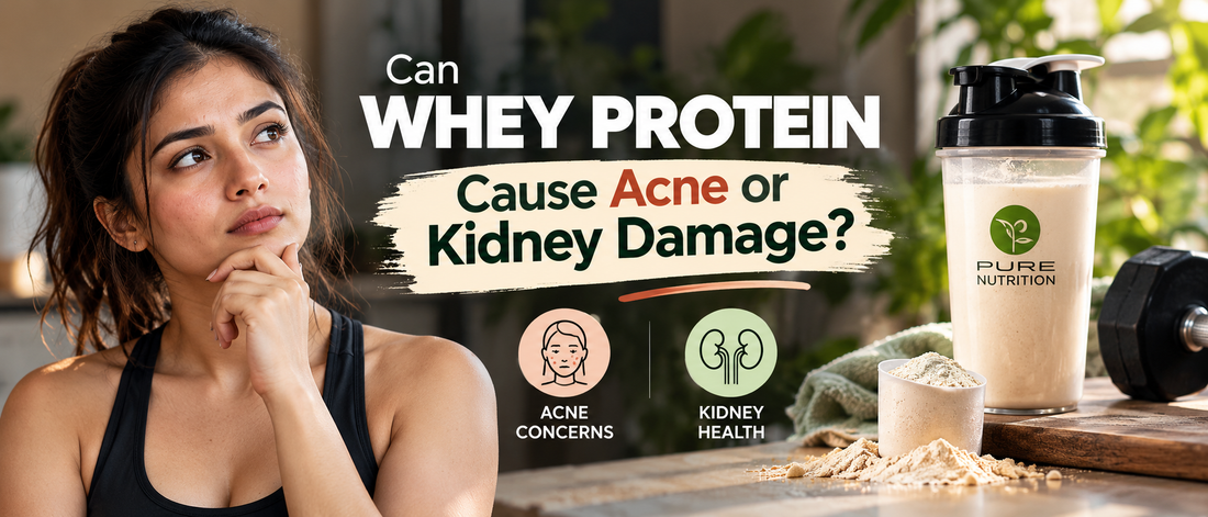 Whey protein and acne or kidney damage: a woman beside a protein shaker and dumbbell.