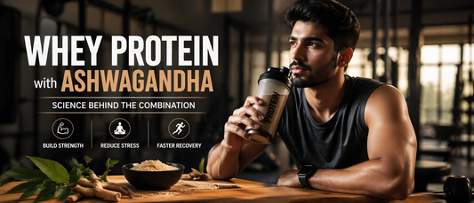 Indian man using whey protein with ashwagandha for muscle recovery and stress support