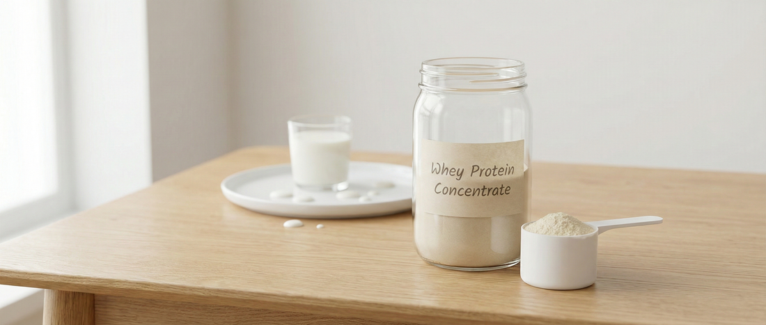Whey protein concentrate powder shown with a measuring scoop and dairy elements in an educational, non-promotional setting.