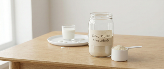 Whey protein concentrate powder shown with a measuring scoop and dairy elements in an educational, non-promotional setting.