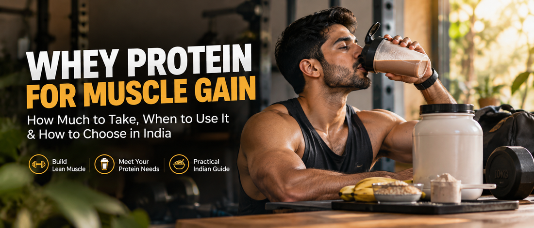 Whey protein for muscle gain in India with fitness and protein shake setup